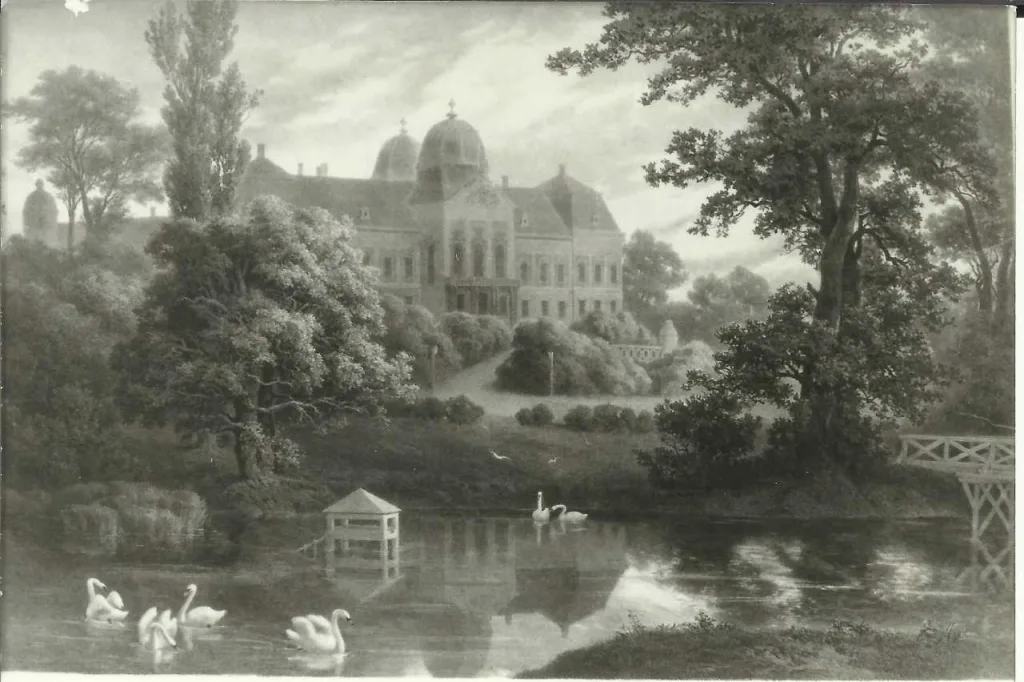 A gödöllői kastély a Hattyús-tóval – Keleti Gusztáv metszete, 1867