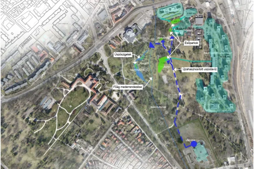 Tervek az Alsópark rehabilitációjára. Kék szaggatott vonallal az uszoda hulladékvíz-vezetékének lehetséges útvonala
