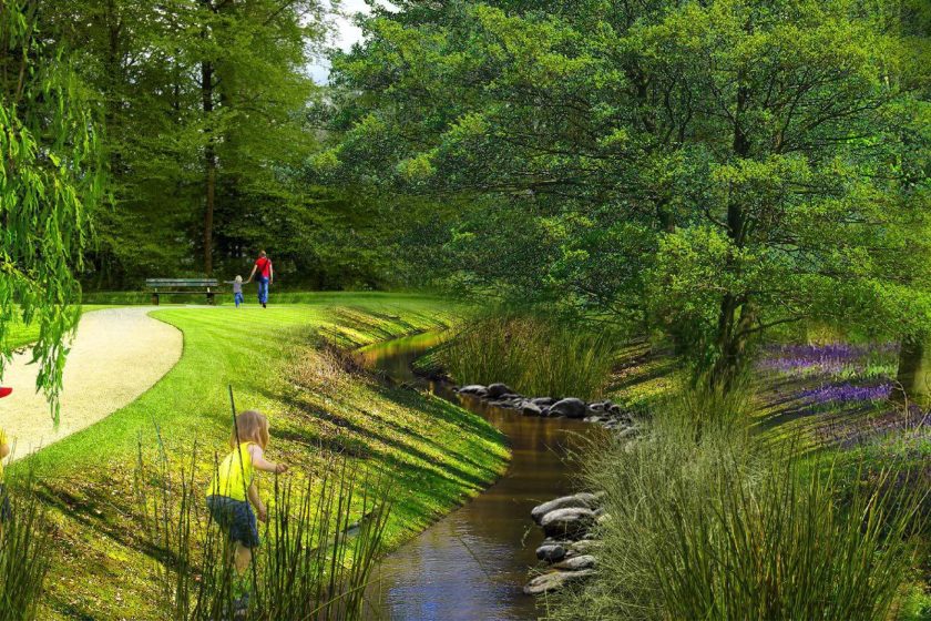 Az új vízfelület mentén egy jól átlátható, biztonságos fás-ligetes park jön létre